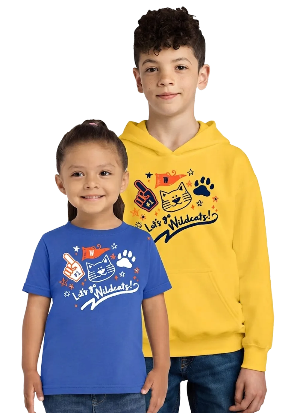 Two children wearing branded school spirit apparel