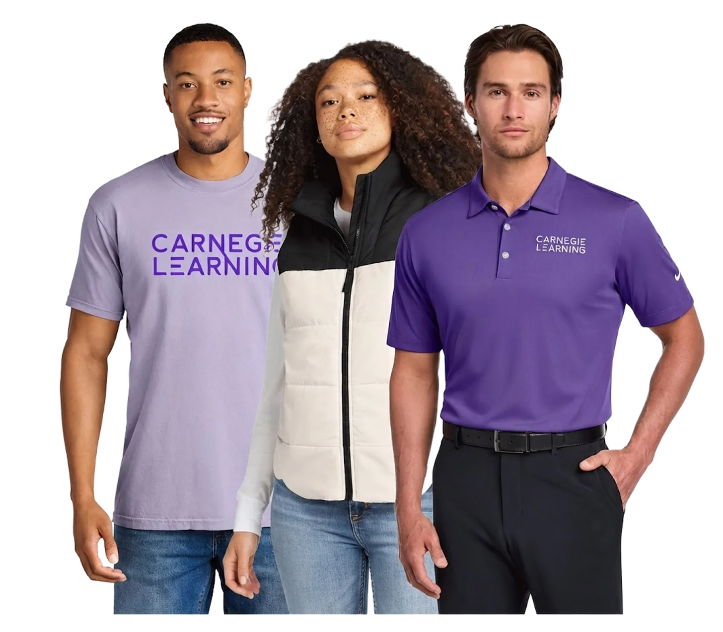 Three people wearing branded purple apparel