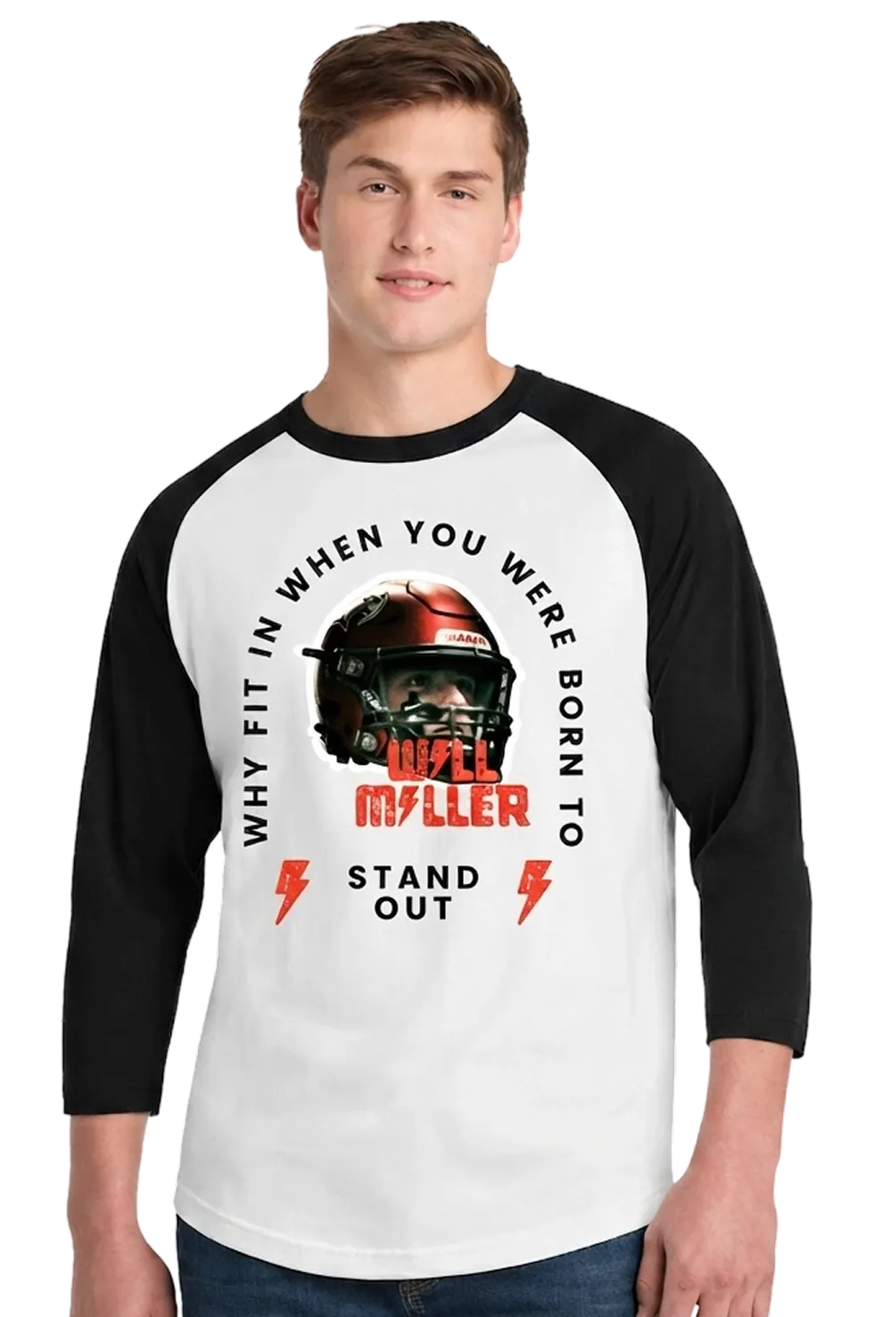 Man wearing a branded raglan tee