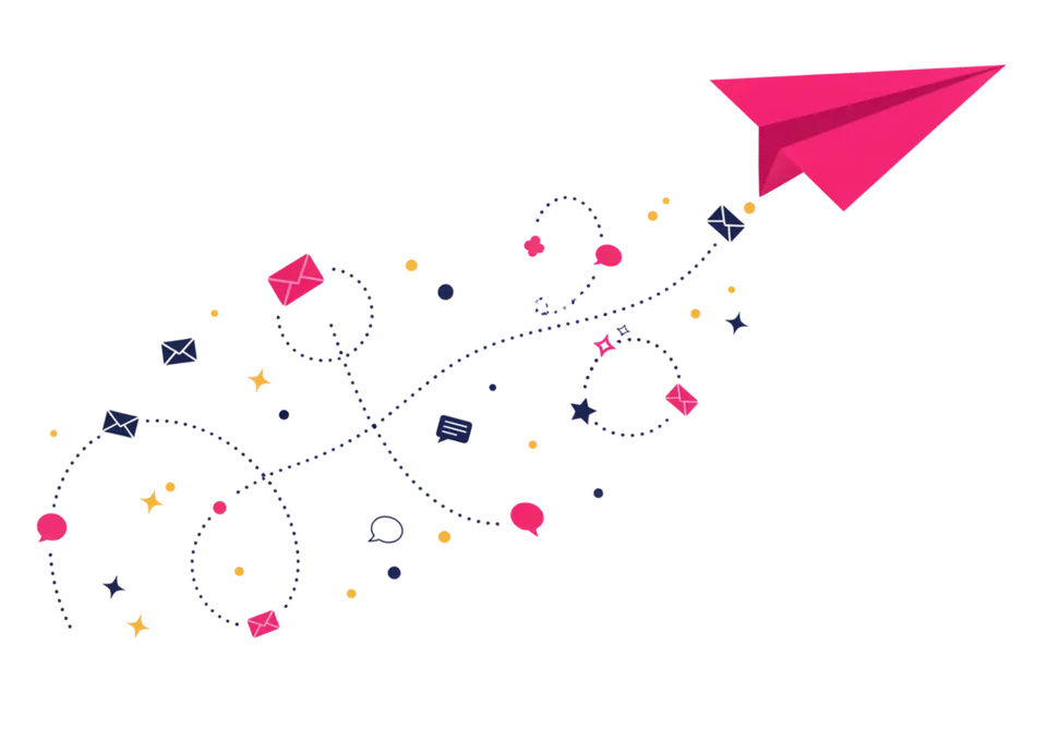 A paper airplane carrying messages toward its destination