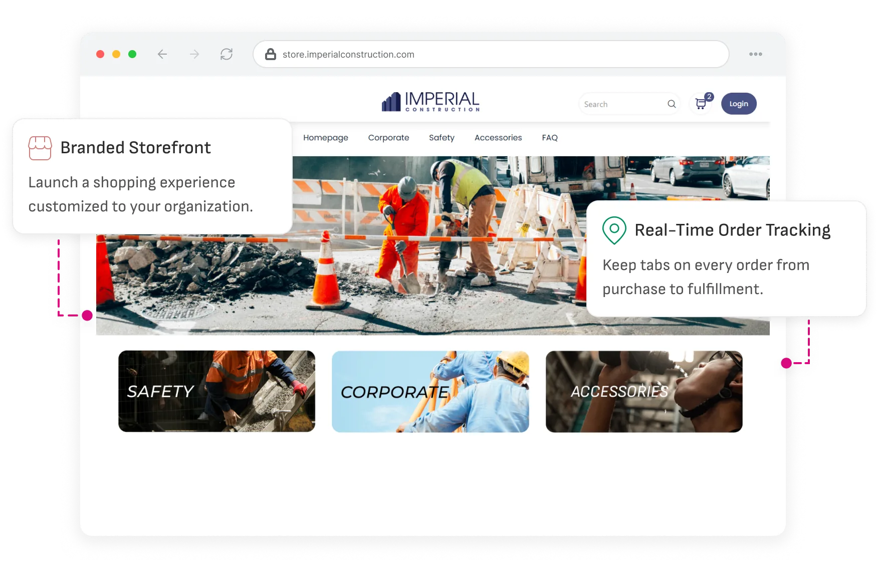 Live branded storefront with callouts for branded storefront and real-time order tracking